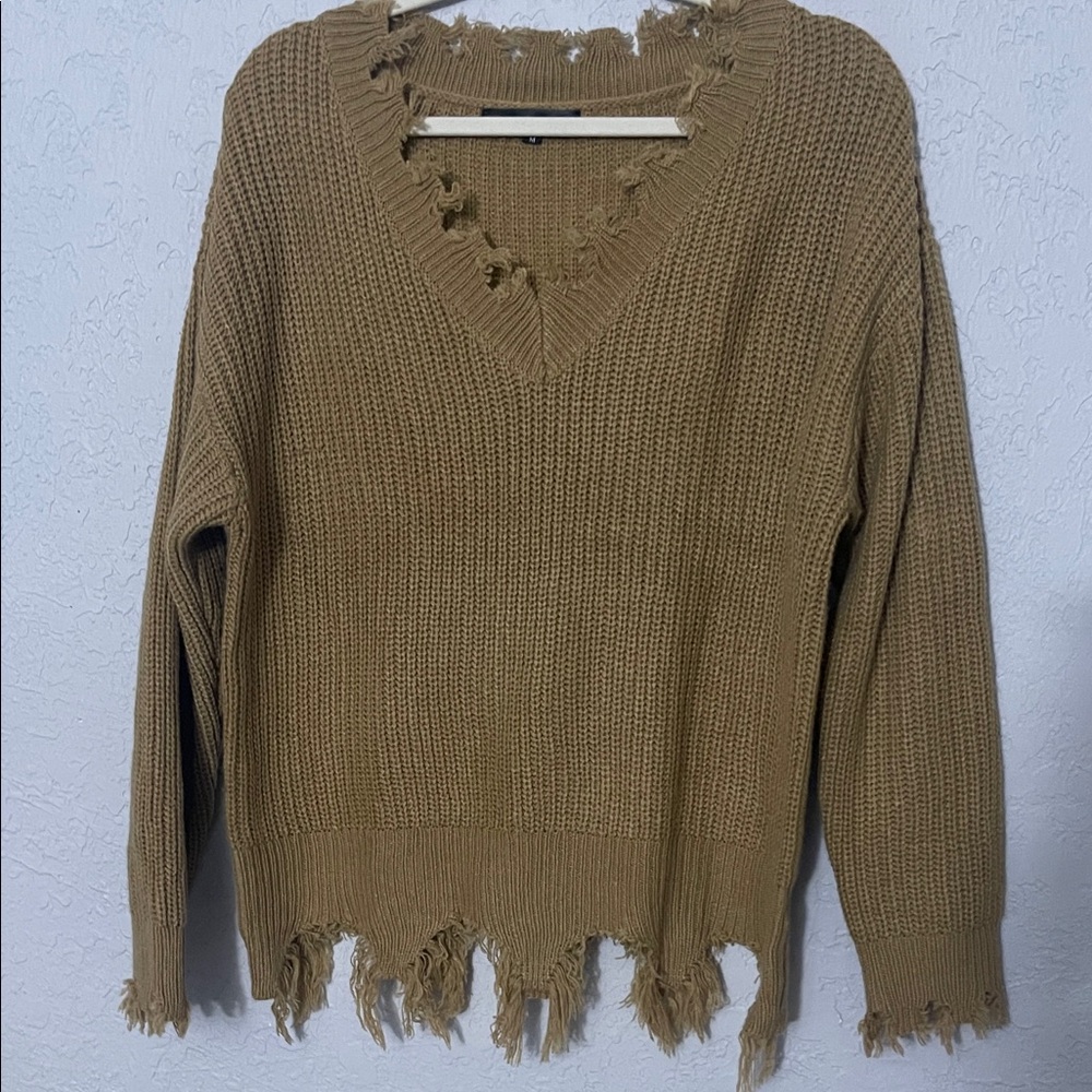 Frayed Edge V-Neck Sweater in Tan